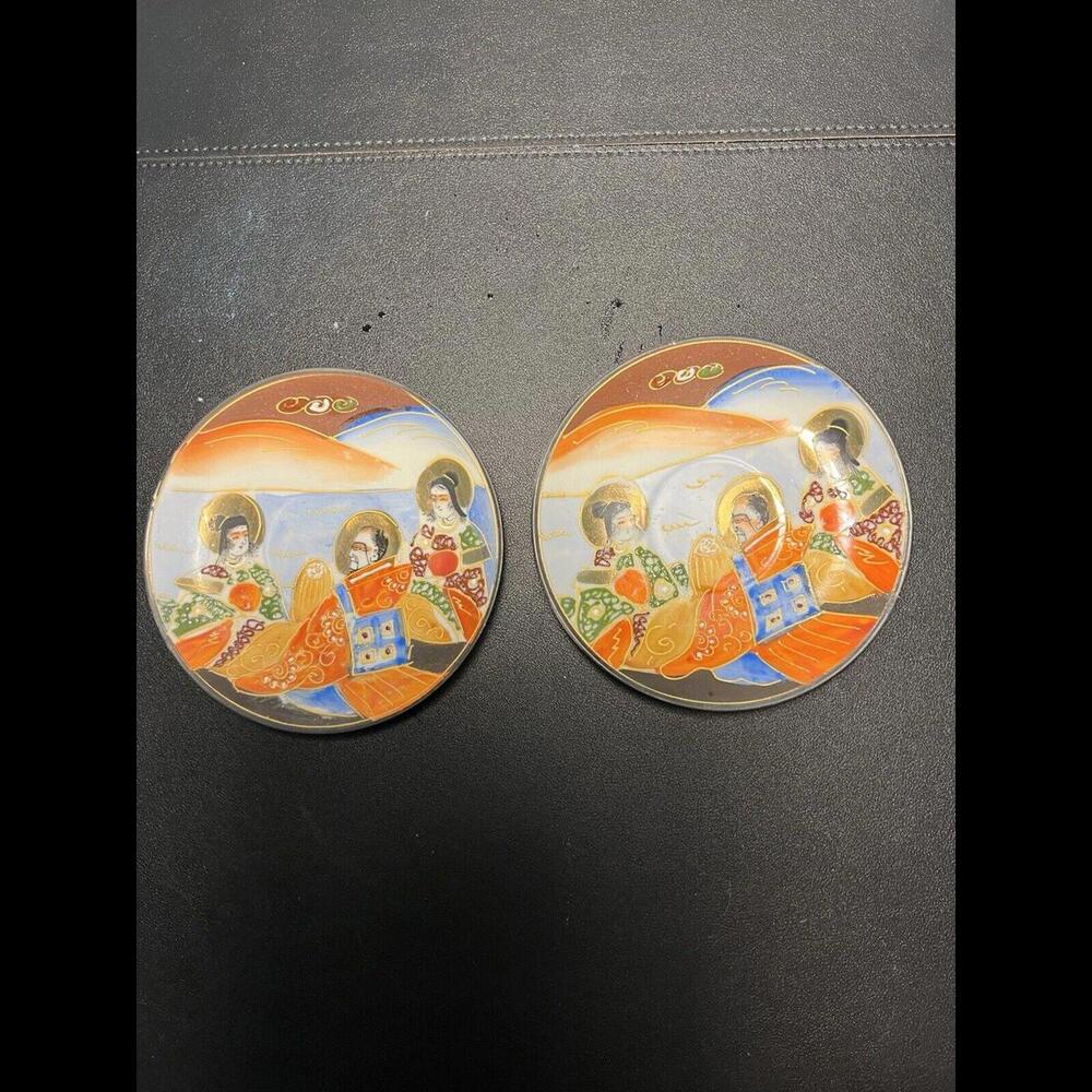 Japanese Antique 1868-1912 2 Saucers Meiji Satsuma Moriage Dragonware Immortals